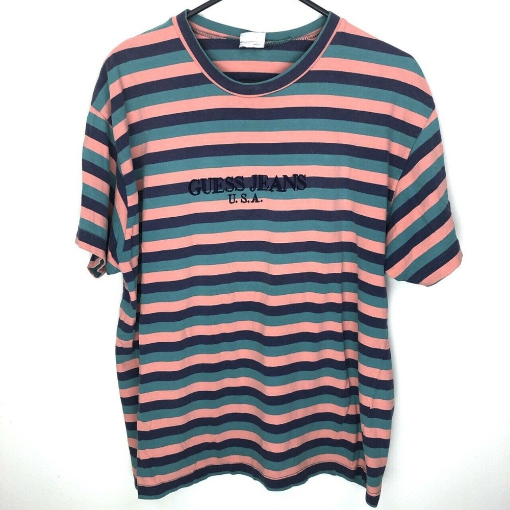 Rare VTG 90s Guess Jeans USA Striped S/S Tee Green